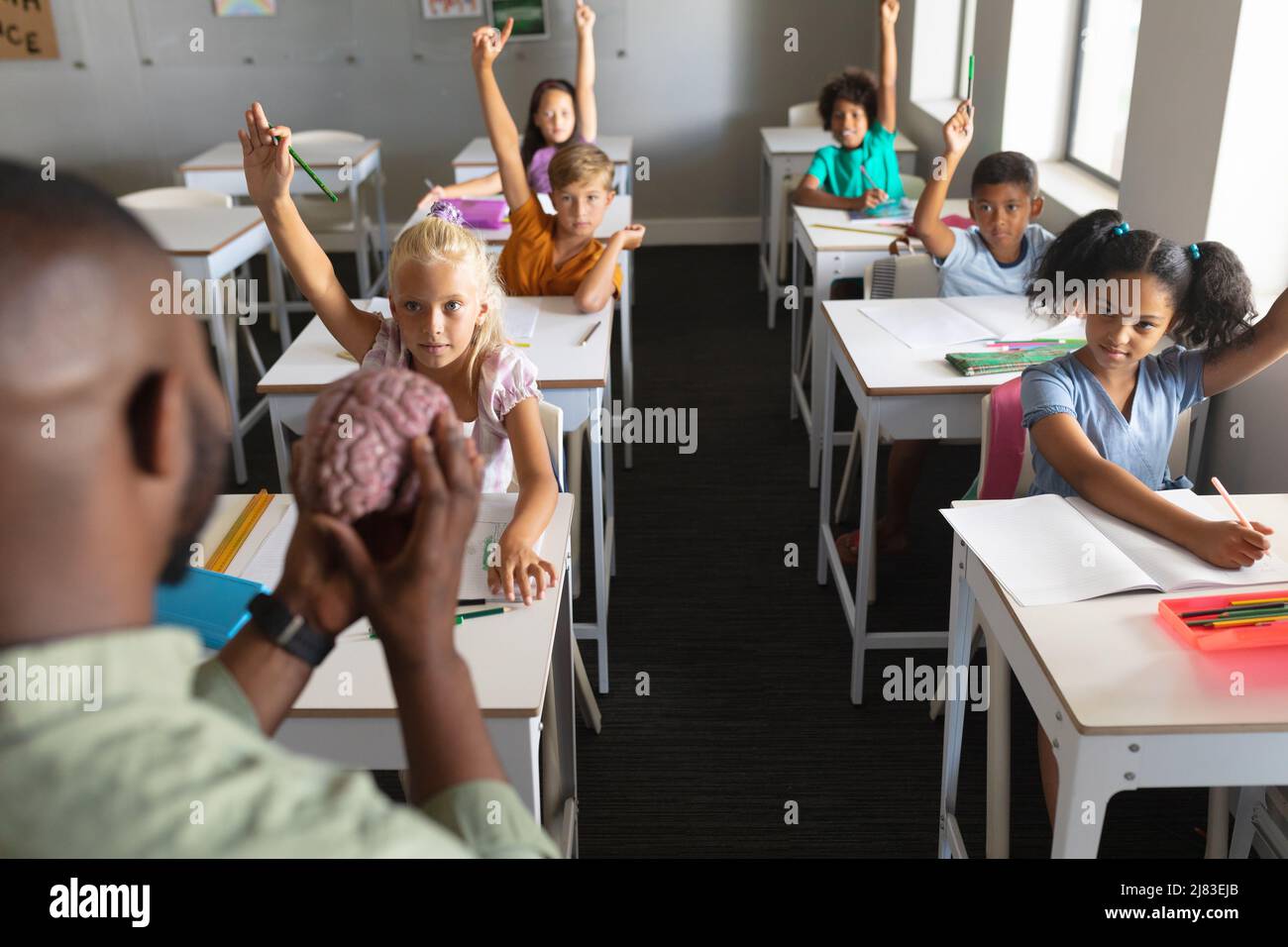 Giovane insegnante africano americano di sesso maschile che mostra il modello del cervello agli studenti elementari multirazziali in classe Foto Stock