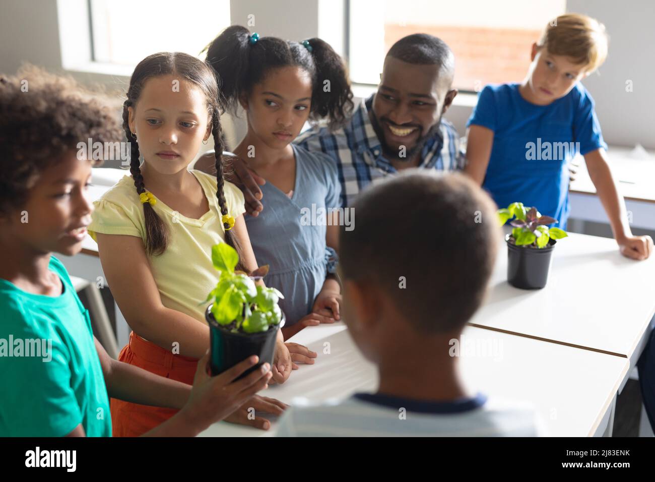 Giovane insegnante africano americano maschile e studenti elementari multirazziali che parlano di piante Foto Stock