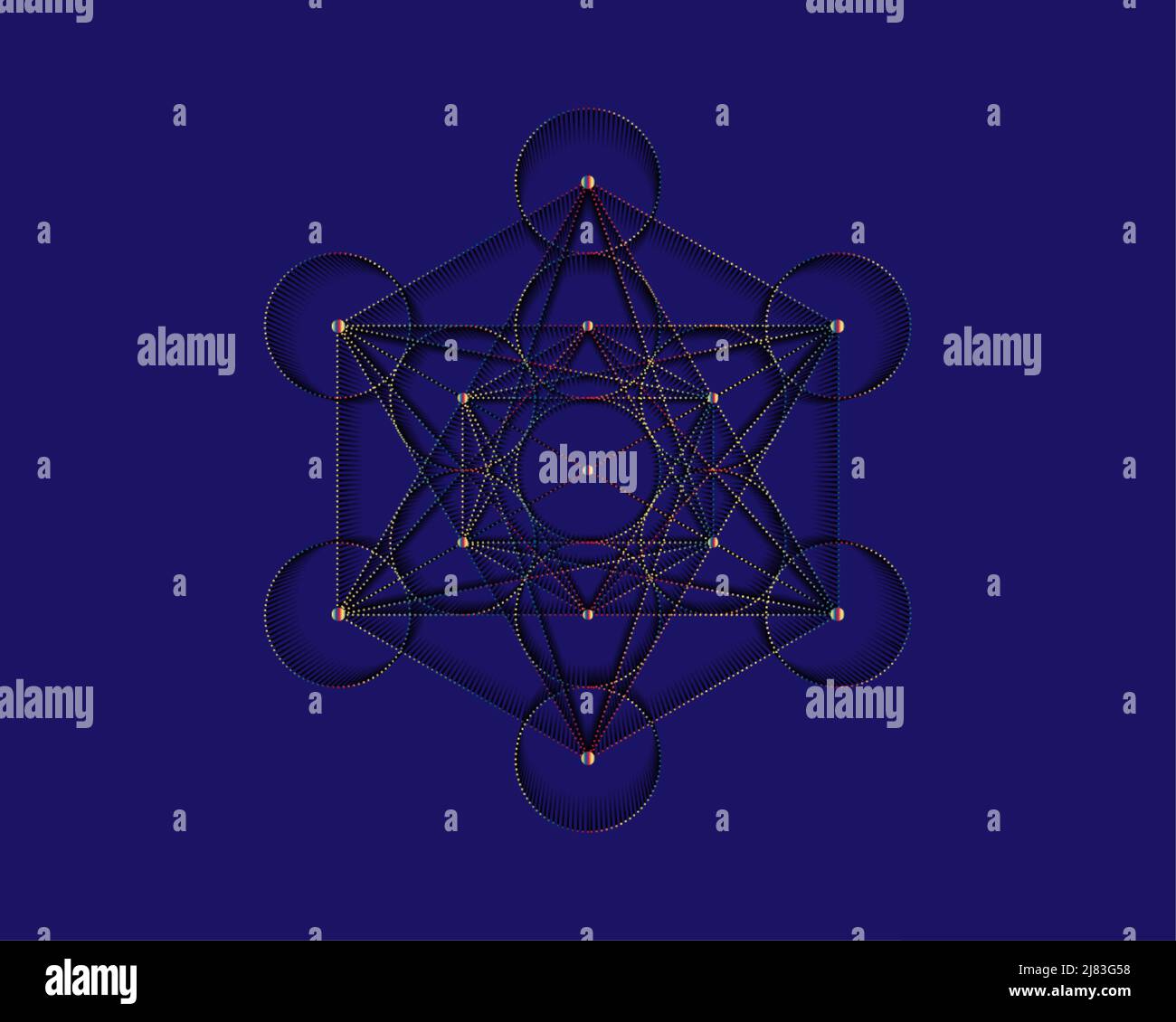 Metatron Cube, fiore della vita. Geometria sacra. Icona mistica platonica solidi Merkabah, disegno astratto geometrico colorato gradiente, crop cerchi segno. Illustrazione Vettoriale