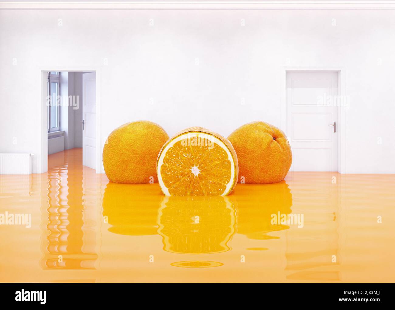 arance in camera. 3d illustrazione creativa Foto Stock