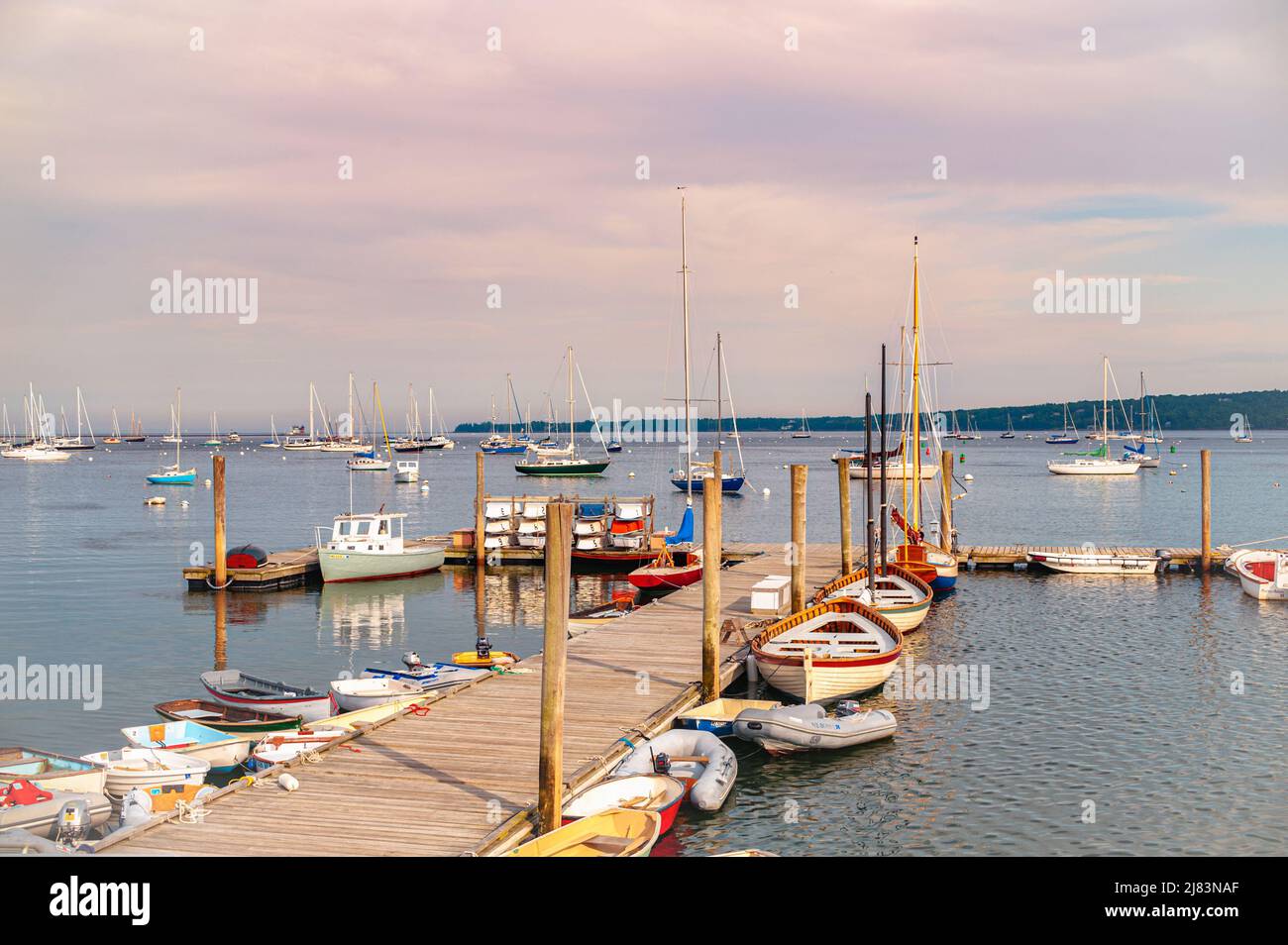 Barche colorate nell'affollato porto di Rockland, Maine, in una splendida giornata estiva Foto Stock