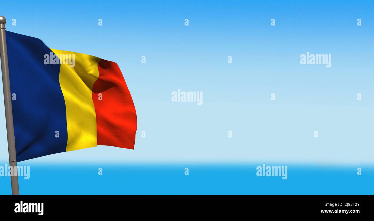 Immagine composita di una bandiera romania ondulata su sfondo bianco e blu Foto Stock