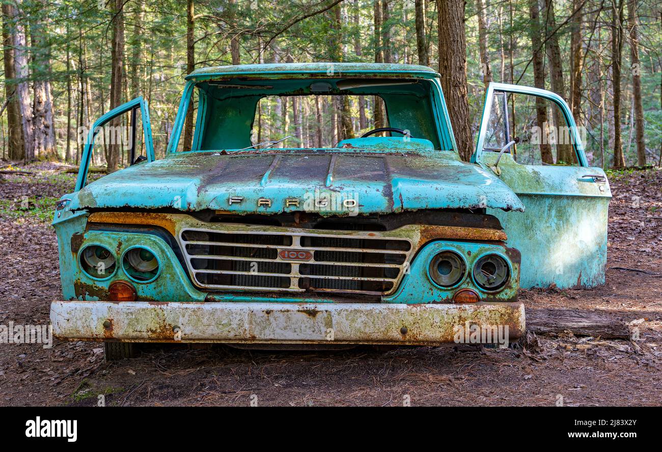 Il vecchio veicolo arrugginente abbandonato si allontana in un bel bosco. Foto Stock