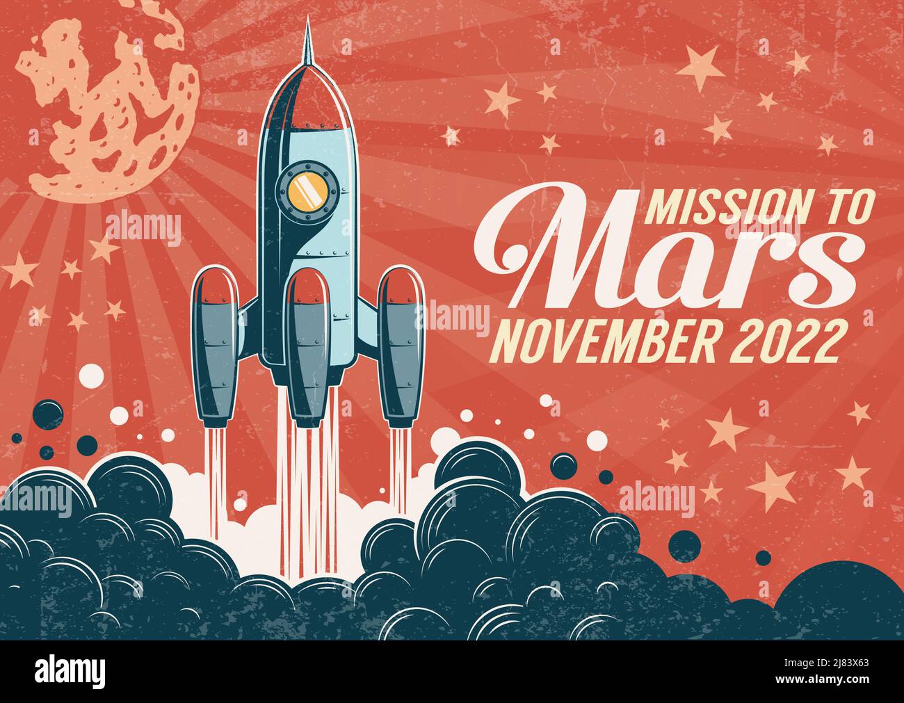 Rocket lancia su Marte - poster retrò con texture grunge Illustrazione Vettoriale