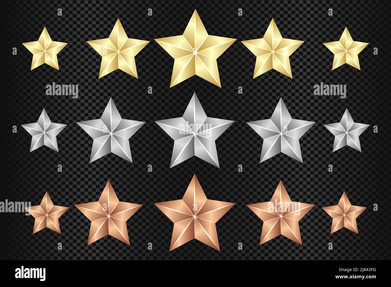 Gold Silver e Bronze STAR. Stelle realistiche. Illustrazione del vettore del set di icone a stella Illustrazione Vettoriale
