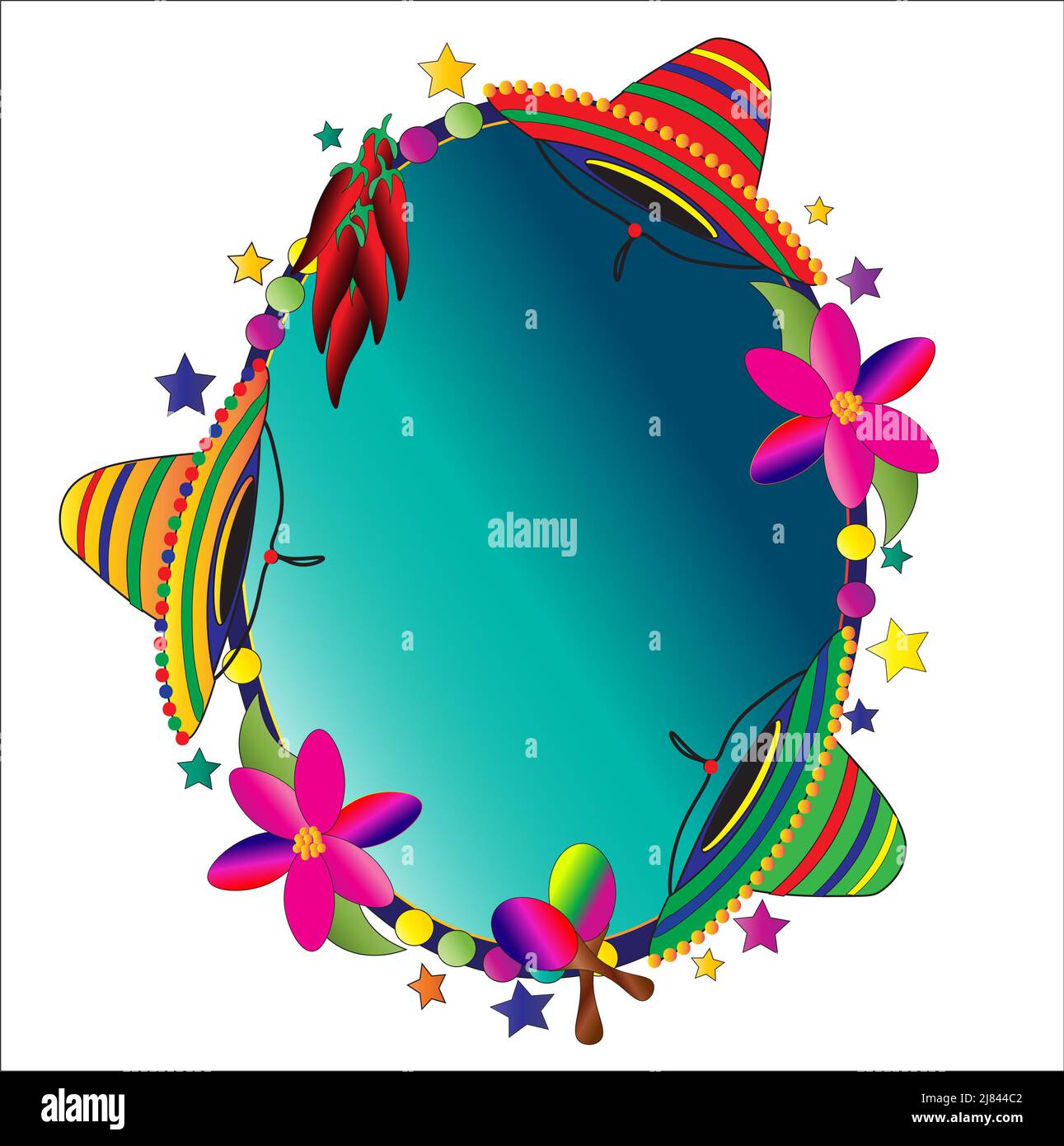 Divertente immagine decorativa messicana con Sombreros che circonda un ovale pronto per il testo da posizionare. Isolato su sfondo bianco Foto Stock