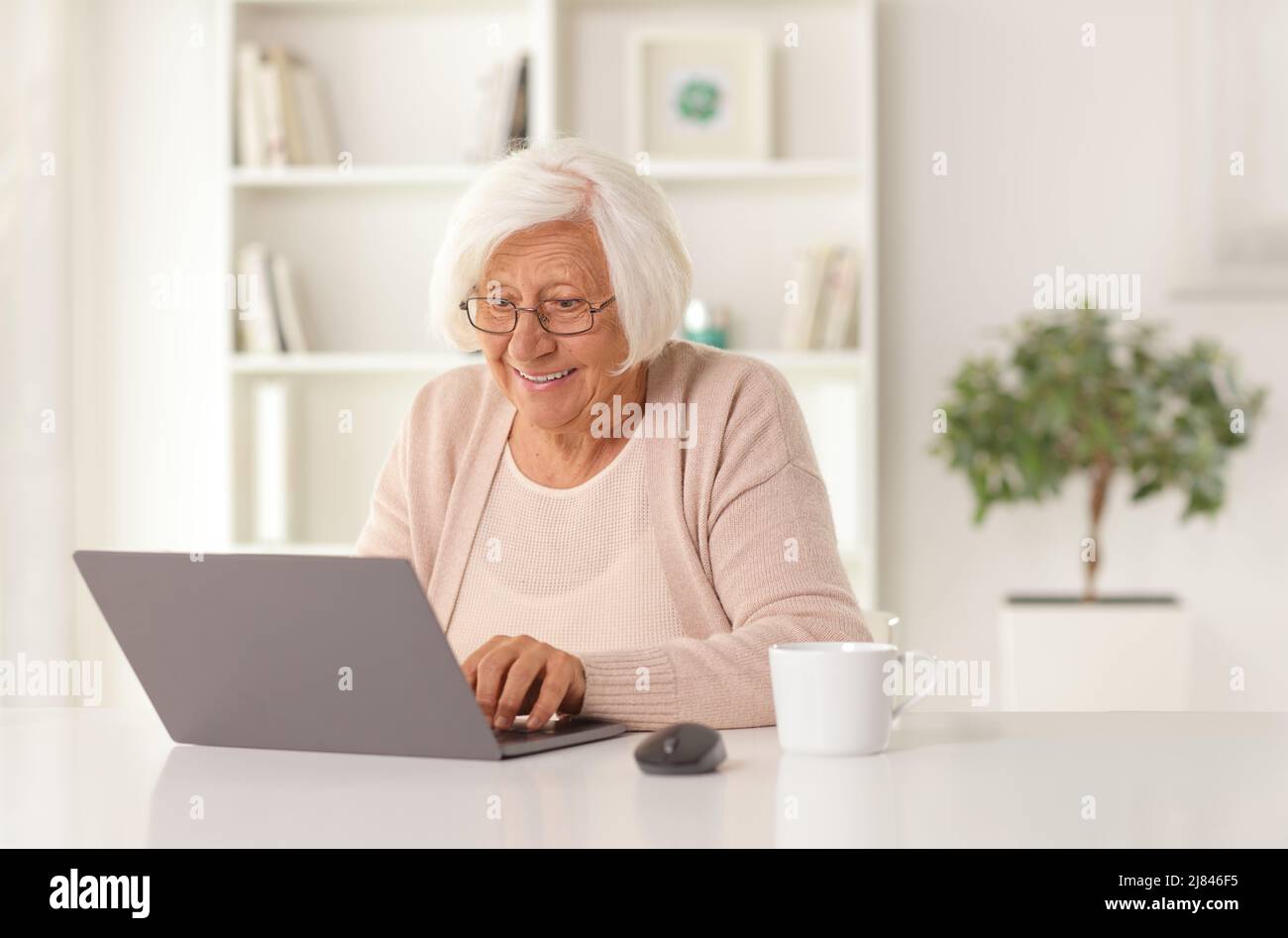 Donna anziana che usa un computer portatile a casa Foto Stock