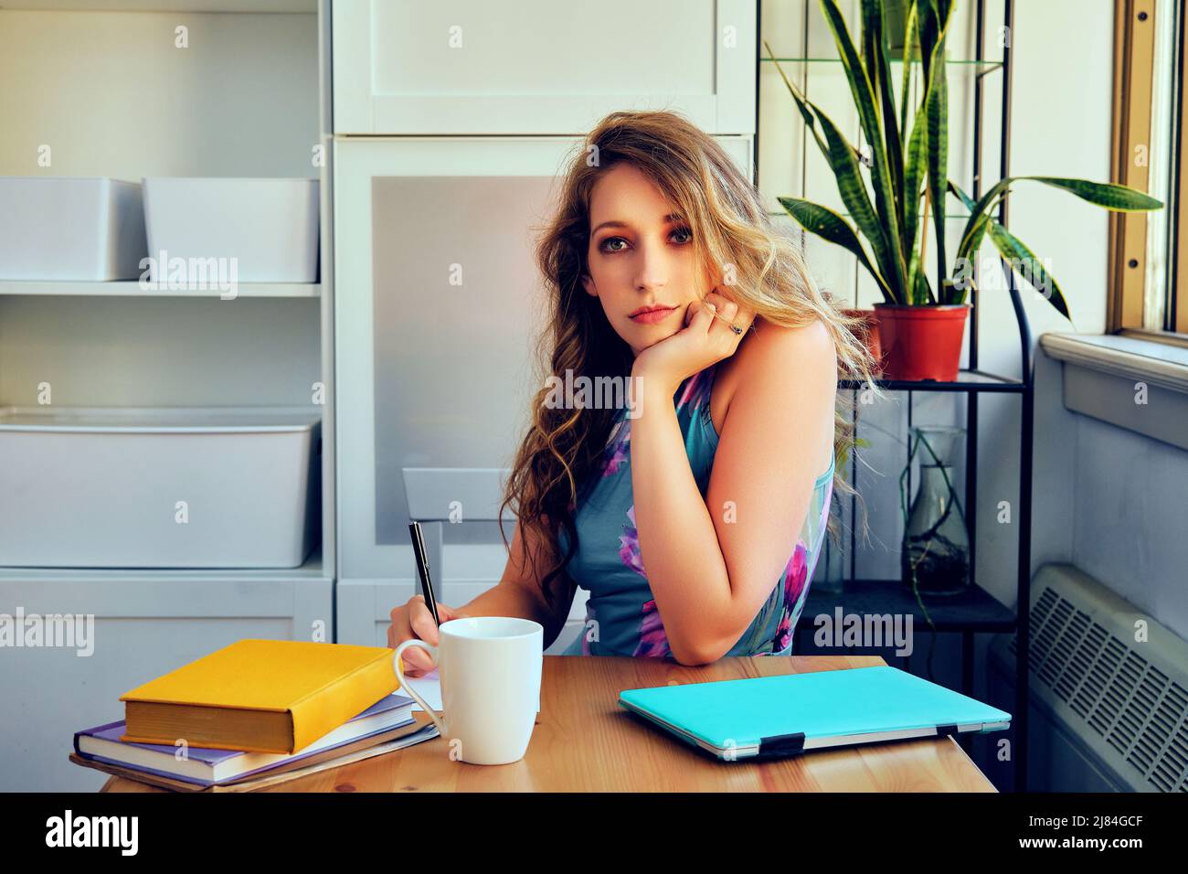 giovane studentessa femminile con laptop e tazza di caffè che studia a casa Foto Stock