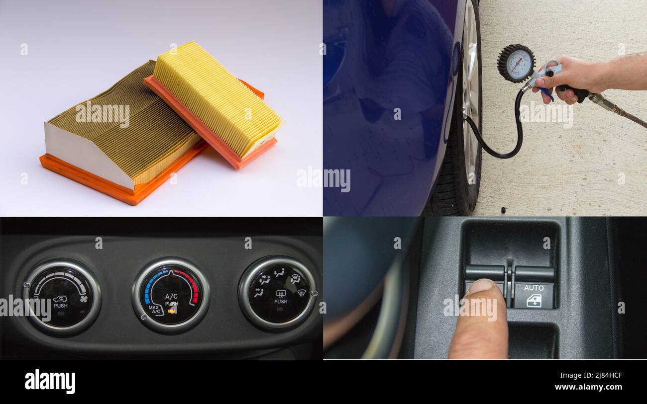 Immagine di due filtri dell'aria, delle mani di un uomo che gonfiano le ruote dell'auto, di un interruttore per aprire e chiudere il finestrino e di un pulsante per accendere l'aria condizionata Foto Stock