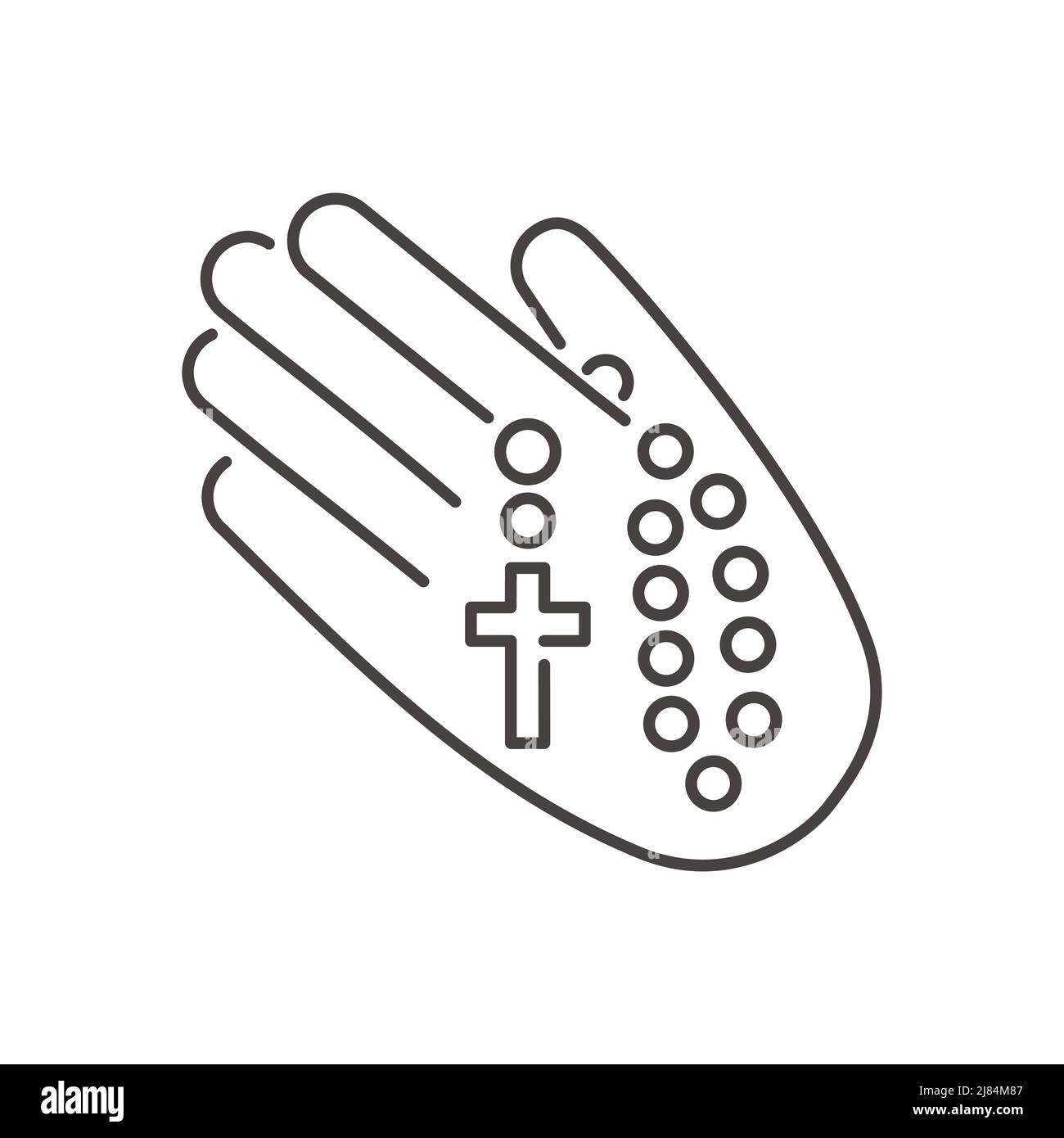 Rosary perline silhouette. Gioielli di preghiera per la meditazione. Cappelletto cattolico con croce in mano. Simbolo di religione. Illustrazione vettoriale. Illustrazione Vettoriale