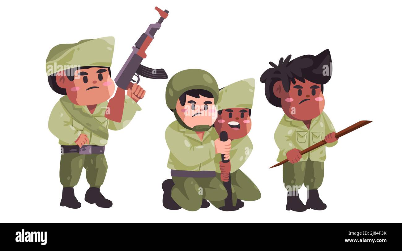 Soldato di guerra dell'indipendenza indonesiana che indossa bambini uniformi militari in veterano con disegno di illustrazione di pistola Illustrazione Vettoriale