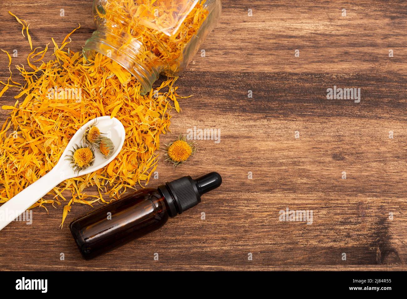 Calendula officinalis - olio Calendula in Drosipper cosmetico scuro Foto Stock