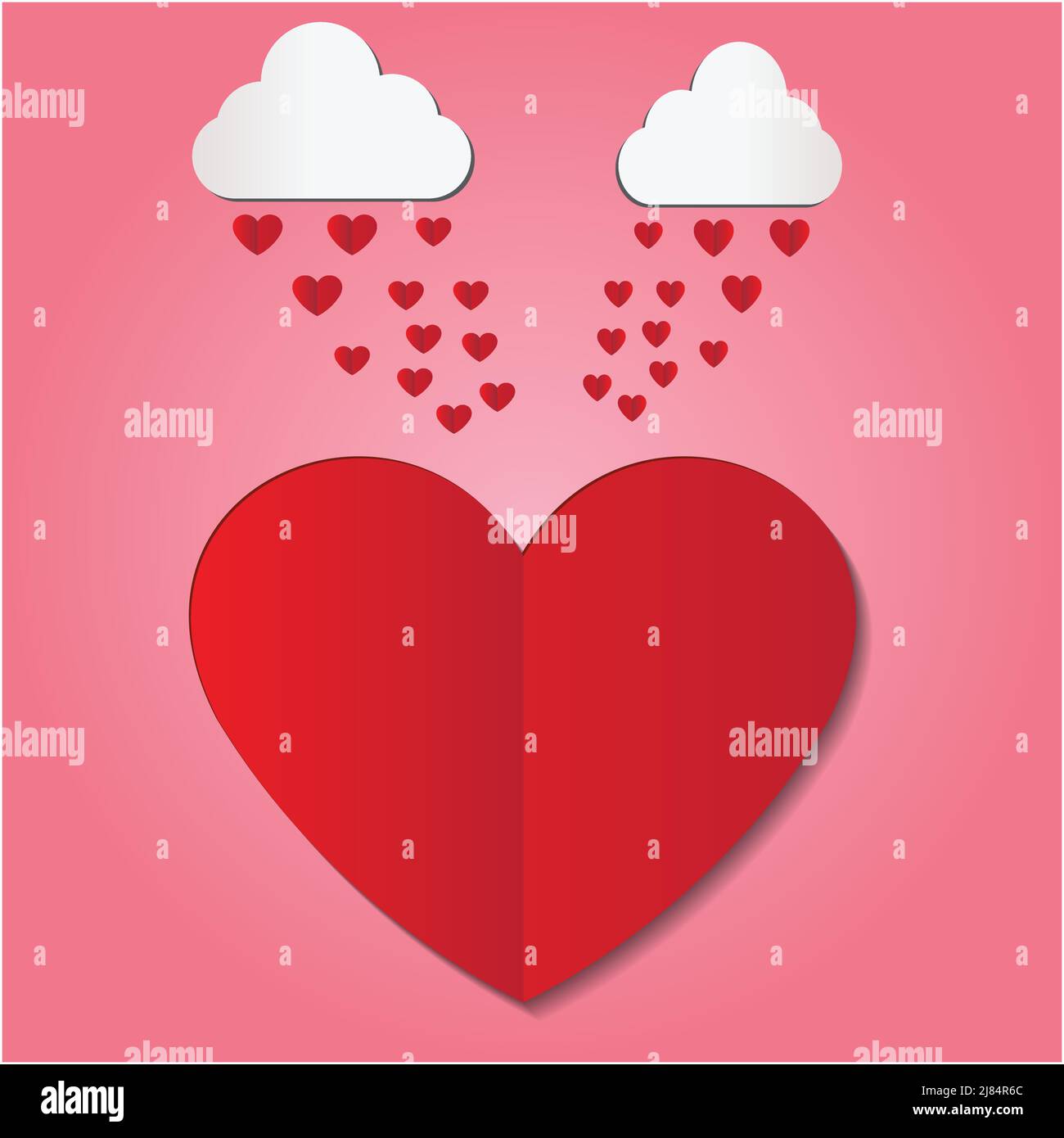 La pioggia di cuore di arte della carta cade sul cuore rosso, illustrazione del vettore Illustrazione Vettoriale