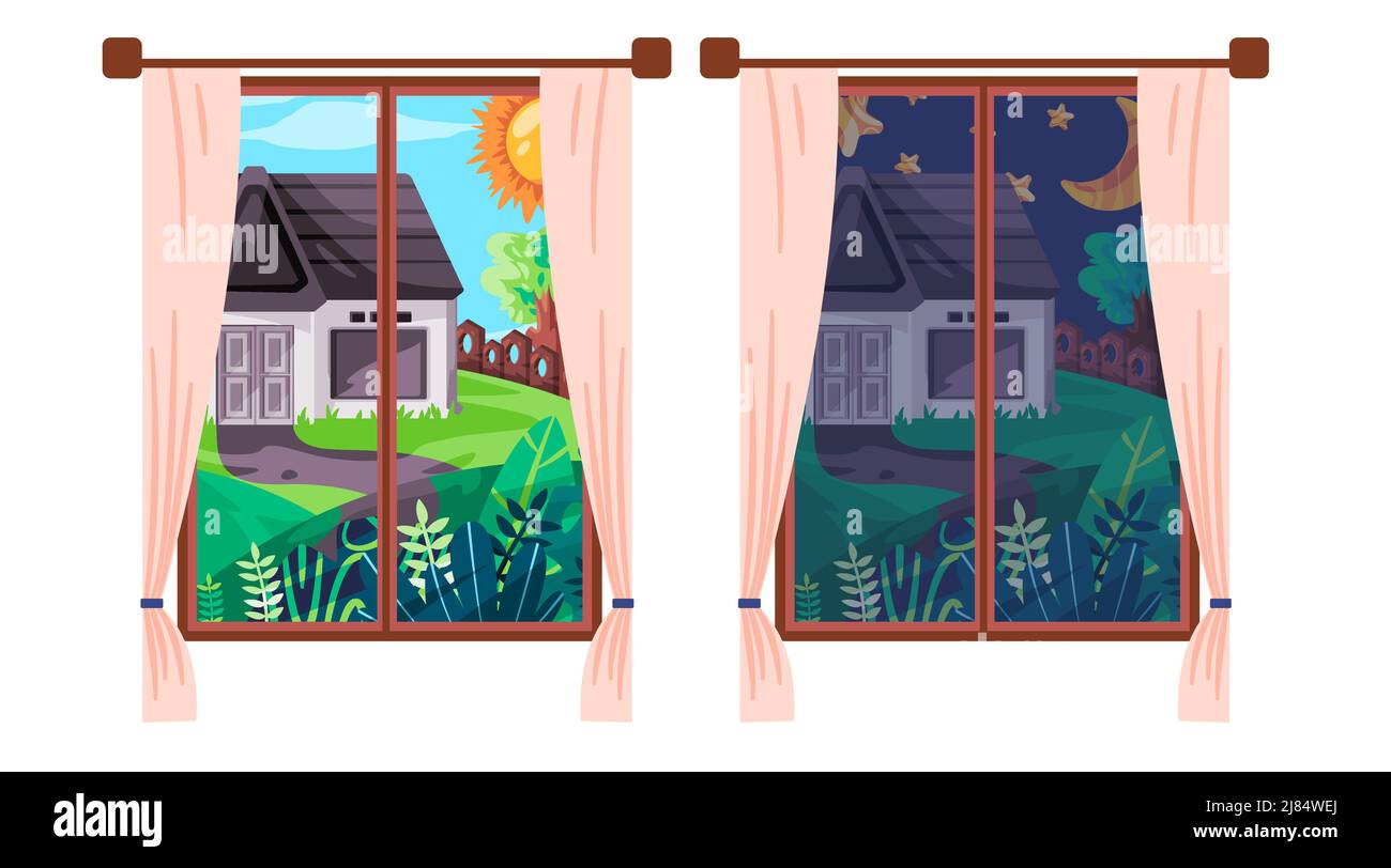 Notte e giorno da una finestra soleggiato luminoso vs scuro senza cielo chiaro illustrazione Illustrazione Vettoriale