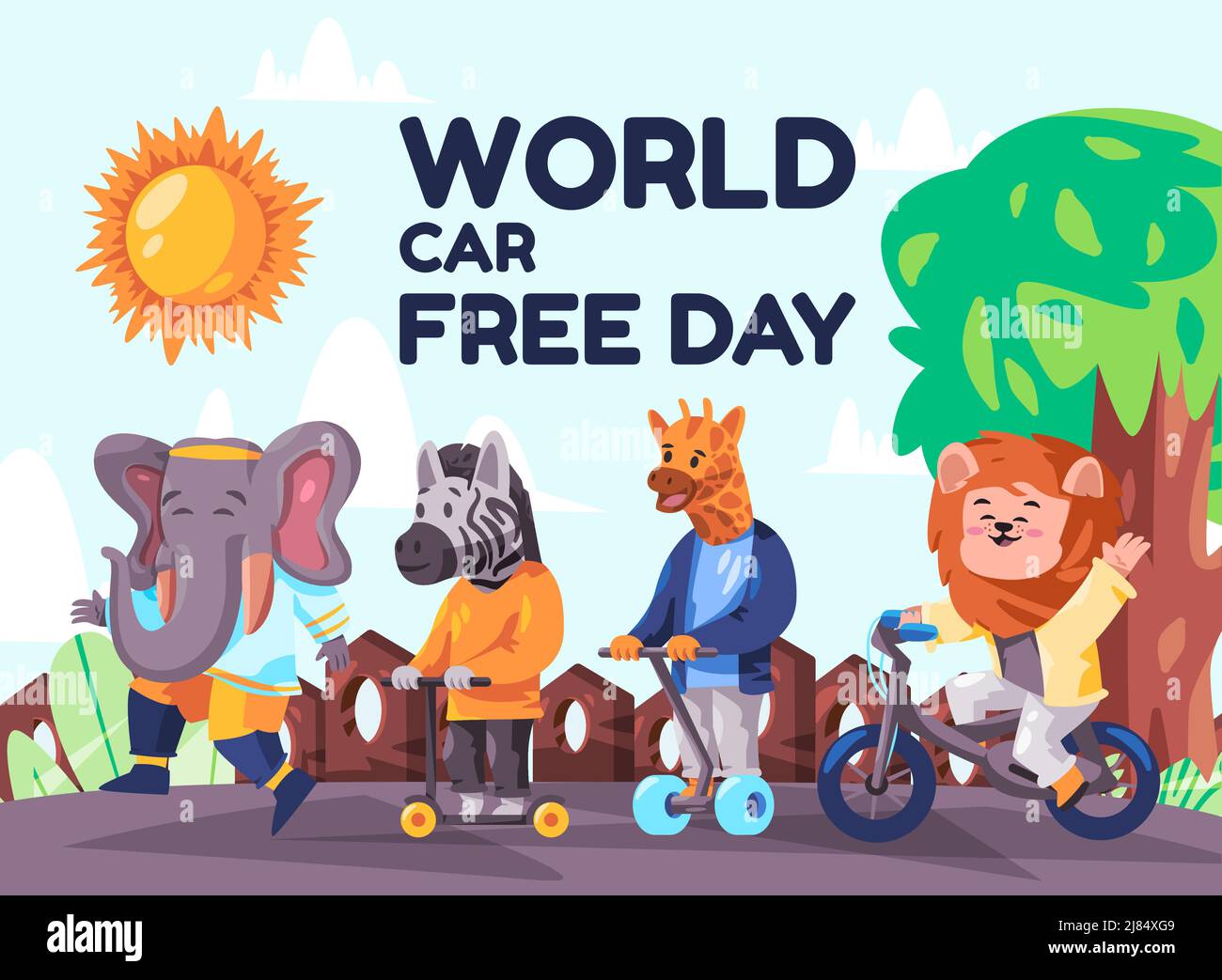 Auto del mondo gratis giorno poster per i bambini animali in bicicletta elefante zebra giraffa e leone in divertente giorno lucido Illustrazione Vettoriale