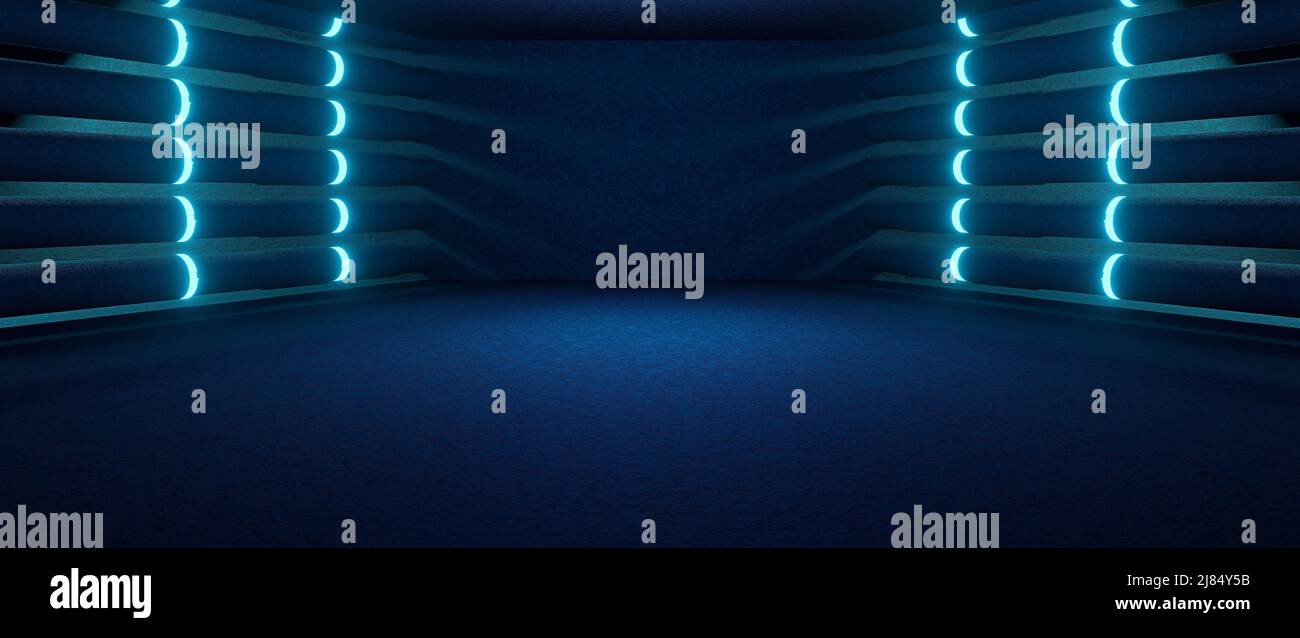 Futuristic Industrial Showroom oscurato Dark Blue Banner sfondo Digital Futurism Concept for Graphic Design 3D Illustration Foto Stock