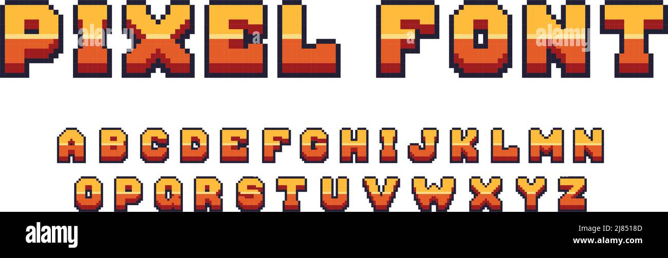 Font di gioco pixel. Simboli alfabetici Arcade a 8 bit, elementi di testo della console retrò, 80s lettere di tipo. Computer vettoriale e set di lettere comiche per videogiochi Illustrazione Vettoriale