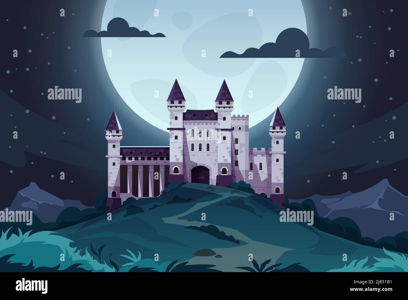 Sera cartone animato castello. Fortezza medievale fiabesca di notte, paesaggio magico con palazzo reale. Scena del capitale del regno vettore Illustrazione Vettoriale