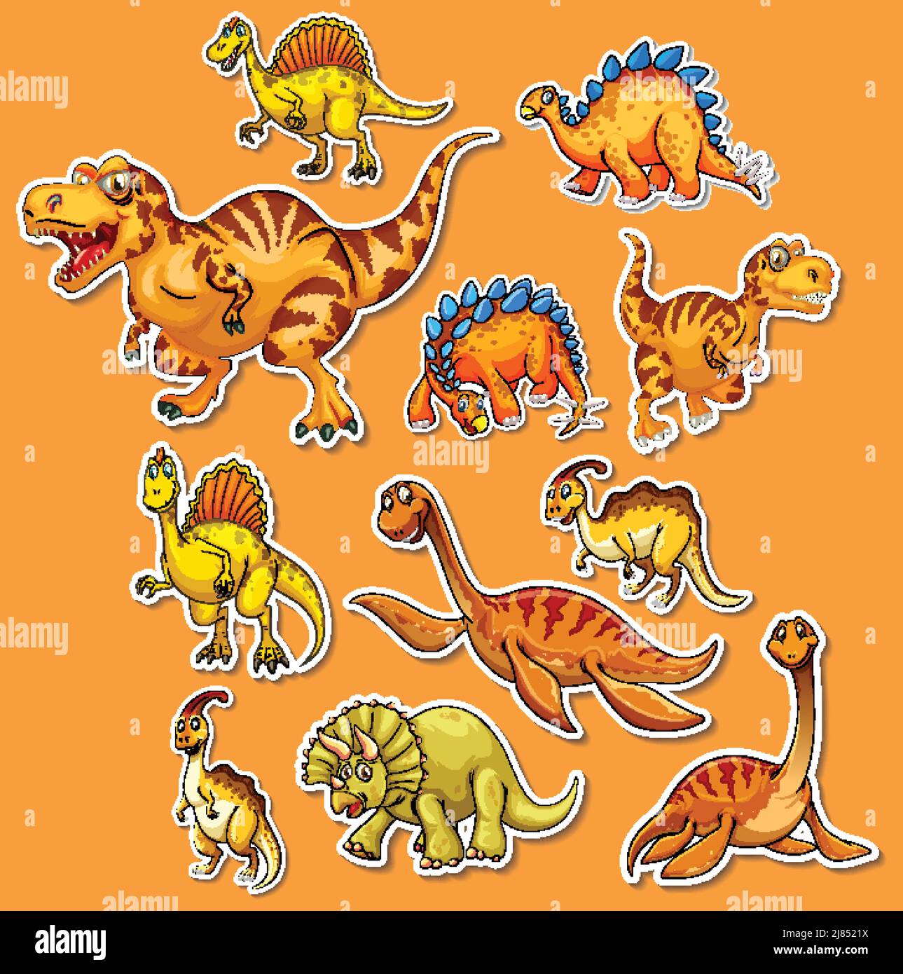 Set di adesivi di diversi dinosauri cartoni animati Illustrazione Vettoriale