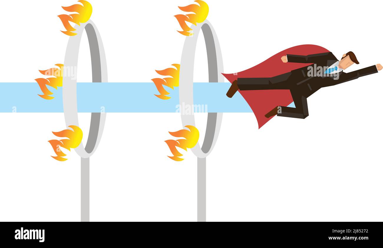 Super uomo d'affari che vola su anelli di cerchio di fuoco. Concetto di rischio e coraggio aziendale. Illustrazione vettoriale a caratteri cartoni animati. Illustrazione Vettoriale