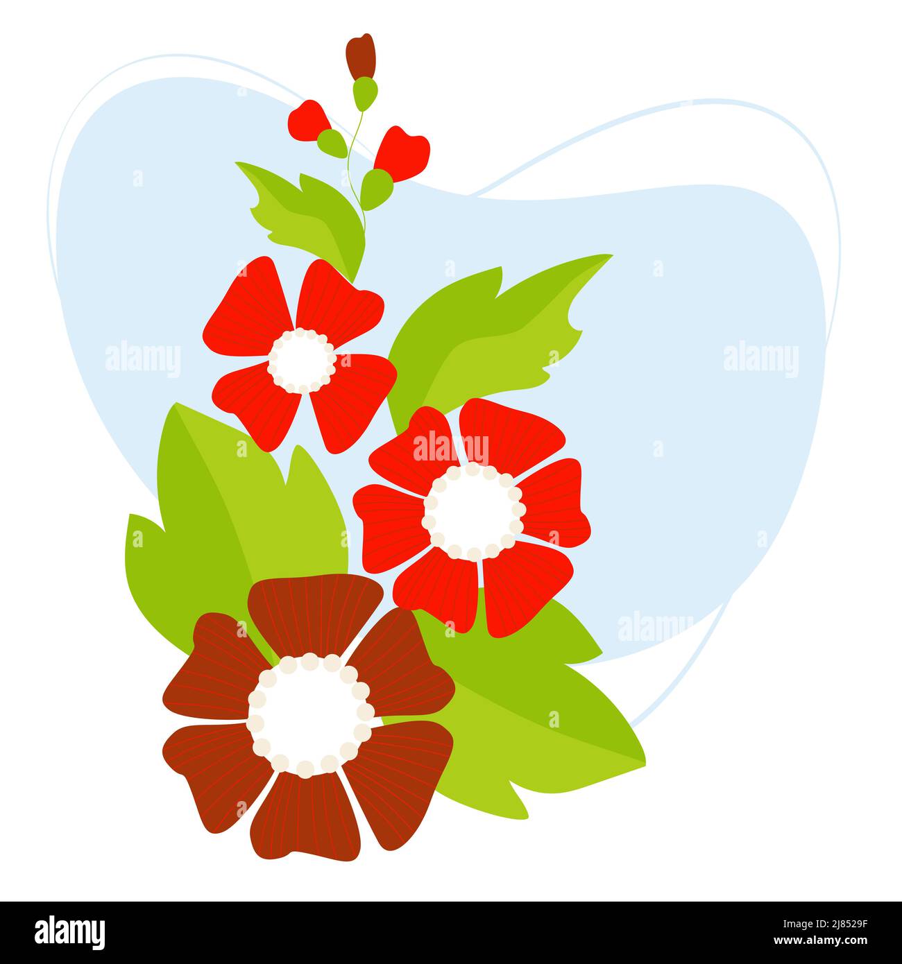 Bella mallow rosso fiori con foglie. Illustrazione vettoriale. Bouquet botanico per design, cartoline, arredamento e decorazione, stampa Illustrazione Vettoriale