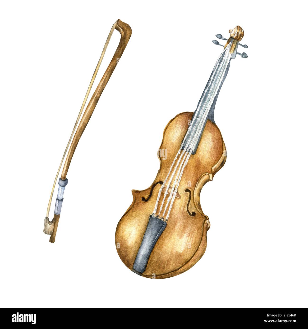 Violino con arco classico strumento musicale acquerello illustrazione su bianco. Orchestra sinfonica di Fiddle strumento a corde dipinto a mano. Elemento per Foto Stock
