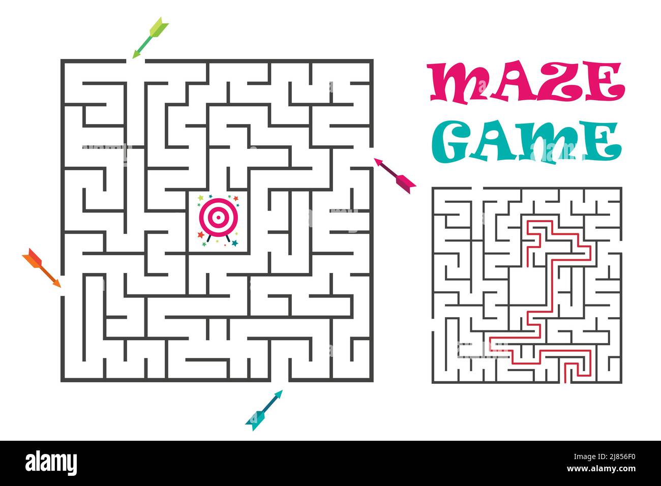 Labirinto quadrato gioco per bambini. Logica con target e frecce. 4 entrata e un modo giusto per andare. Illustrazione piatta vettoriale Illustrazione Vettoriale