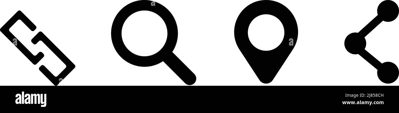 Icona di collegamento e lente di ingrandimento, icona con puntina della mappa e icona di condivisione. Vettore modificabile. Illustrazione Vettoriale