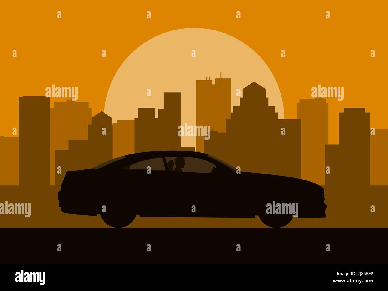 La silhouette dell'auto sullo sfondo della città. Uomo che guida un'auto al tramonto illustrazione vettoriale. Illustrazione Vettoriale