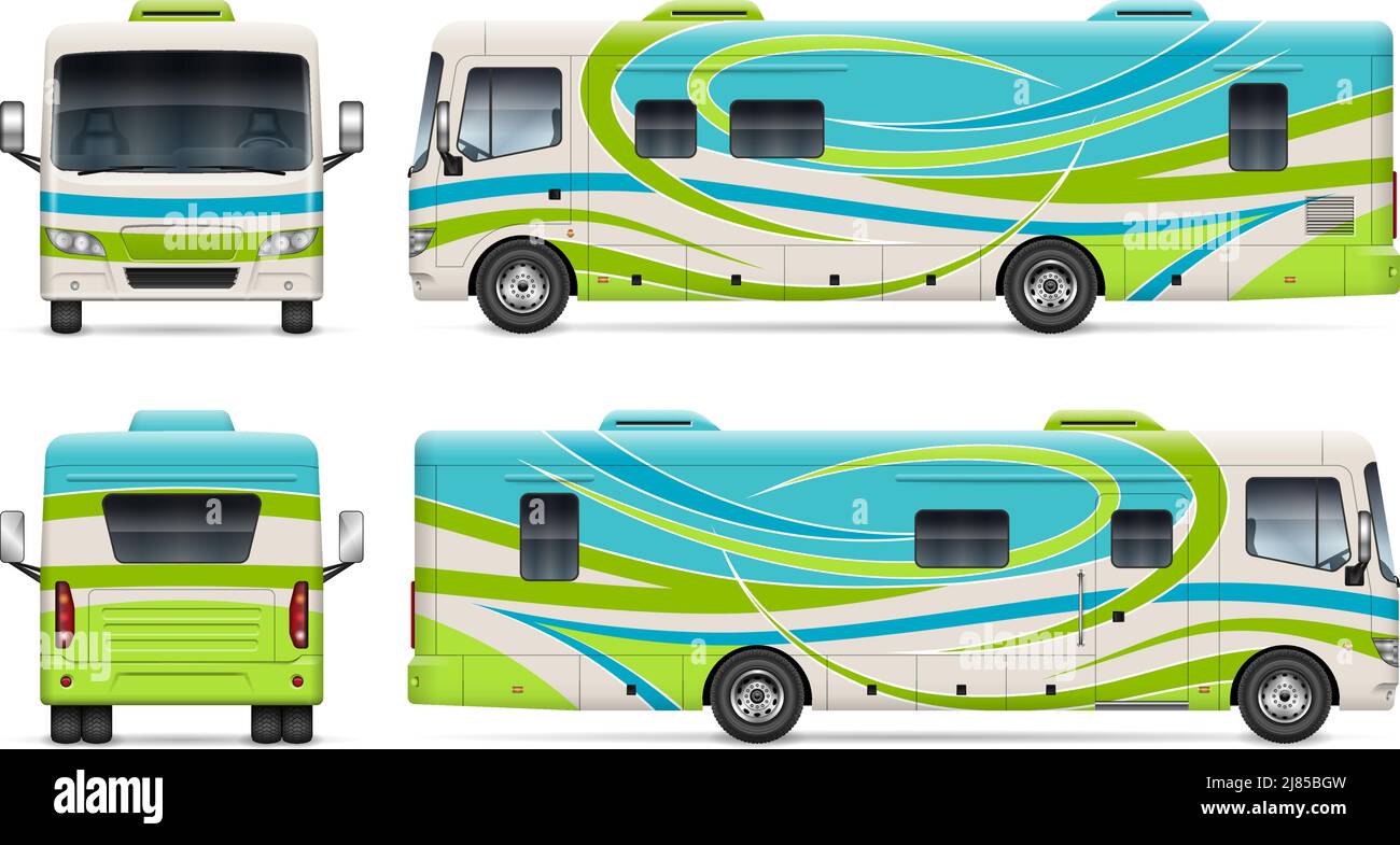 RV Motorhome wrap vettoriale mockup su bianco per il marchio del veicolo, identità aziendale. Tutti gli elementi dei gruppi su livelli separati per una facile modifica Illustrazione Vettoriale