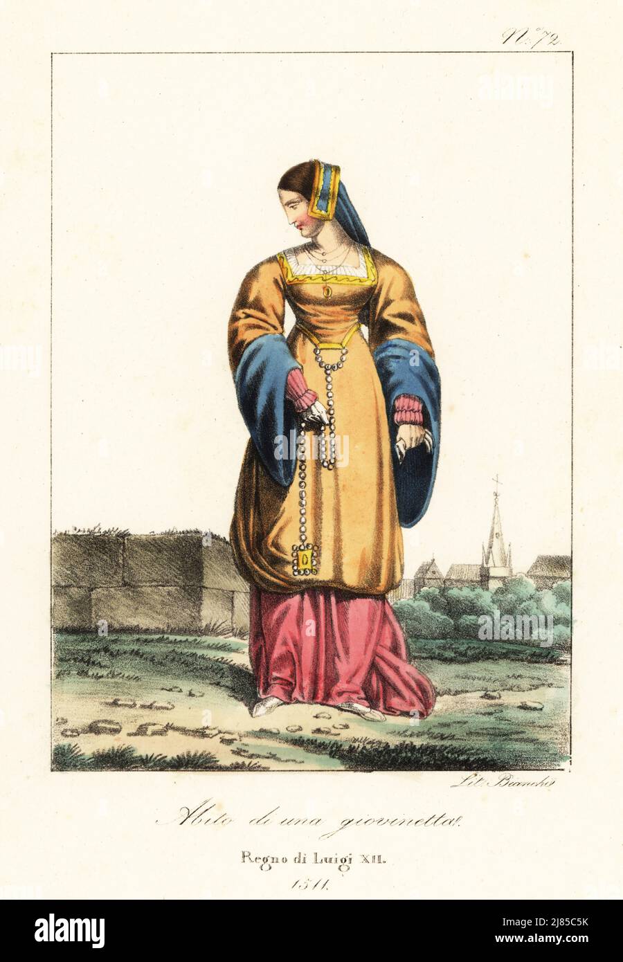 Costume di una giovane donna francese, 1511. Regno di Luigi XII In cicerello ricamato, abito a maniche complete, gonna, cintura e mandorla. Costume d'une fille jeune. Regne de Louis XII Litografia a mano di Lorenzo Bianchi e Domenico Cuciniello dopo Ippolite Lecomte di Costumi civili e militanti della monarchia francese dal 1200 al 1820, Napoli, 1825. Edizione italiana dei costumi civili e militari della monarchia francese di Lecomte dal 1200 al 1820. Foto Stock