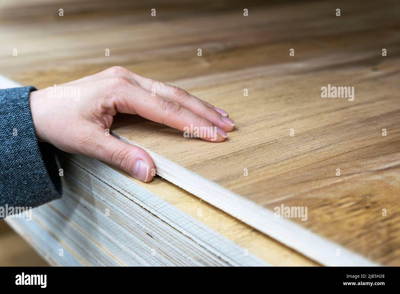 la mano del compratore seleziona un foglio spesso di compensato laminato in un deposito Foto Stock