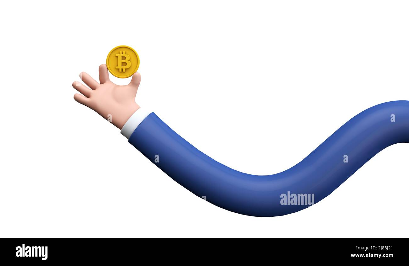 Mano in stile cartone animato che tiene una moneta criptato bitcoin moneta. 3D rendering Foto Stock
