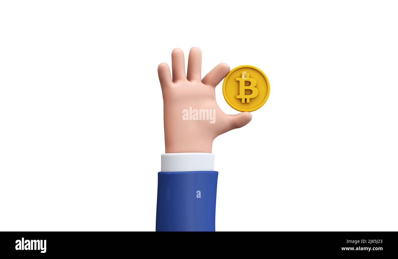 Mano in stile cartone animato che tiene una moneta criptato bitcoin moneta. 3D rendering Foto Stock