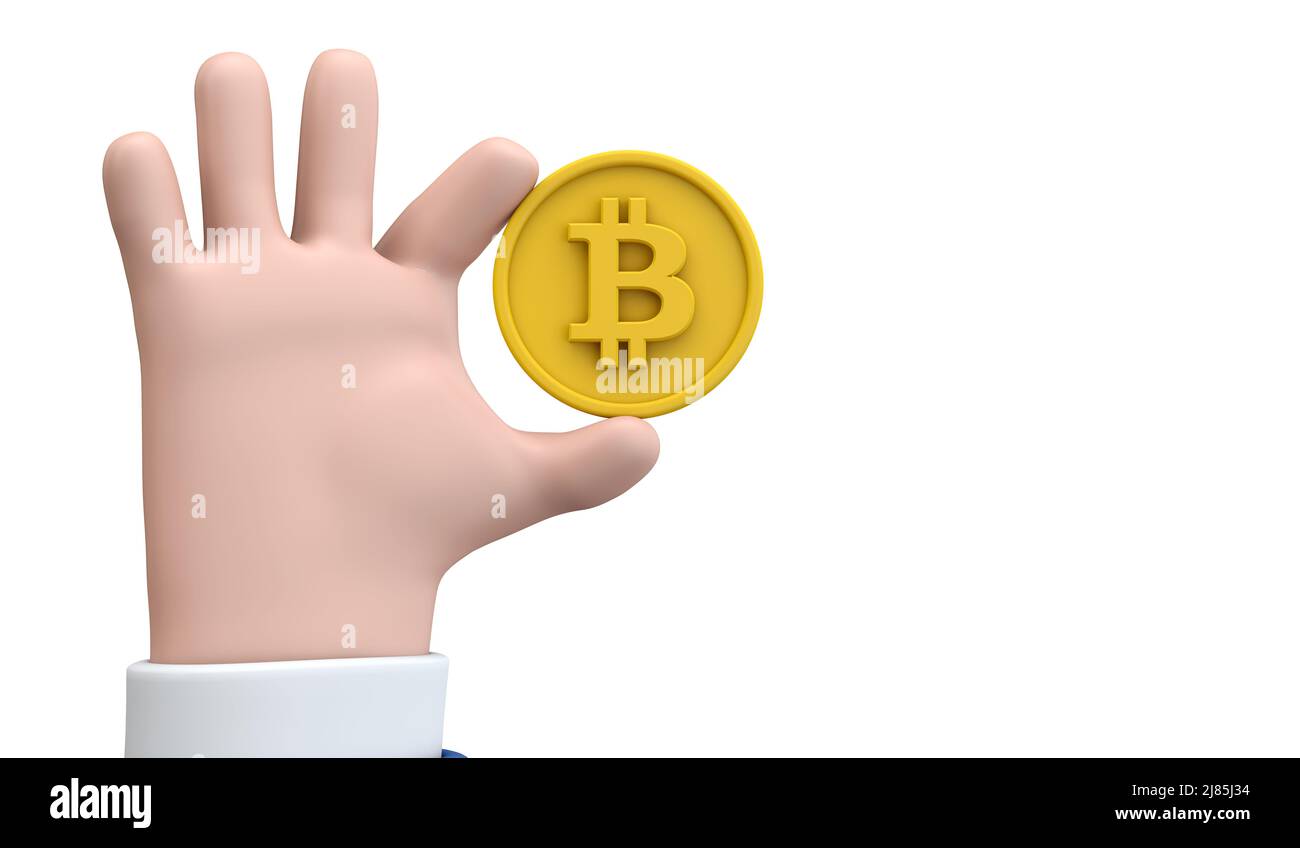 Mano in stile cartone animato che tiene una moneta criptato bitcoin moneta. 3D rendering Foto Stock