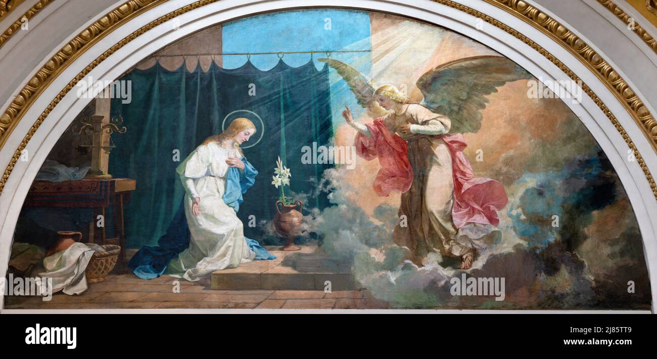 VALENCIA, SPAGNA - 17 FEBBRAIO 2022: Il dipinto dell'Annunciazione nella chiesa Basilica Sagrado Corazon dal 20. Cent. Foto Stock