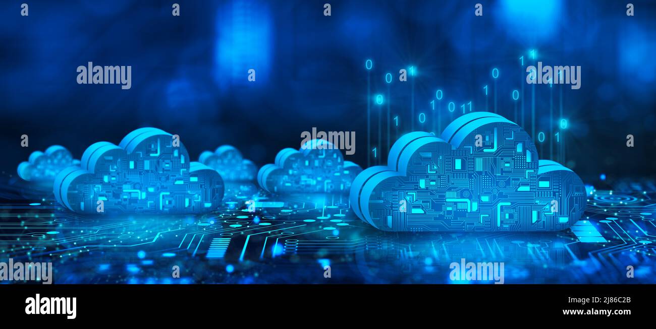 Tecnologia di cloud computing su Internet su punto di circuito convergente con sfondo blu astratto. Servizio cloud, concetto di storage cloud. Foto Stock