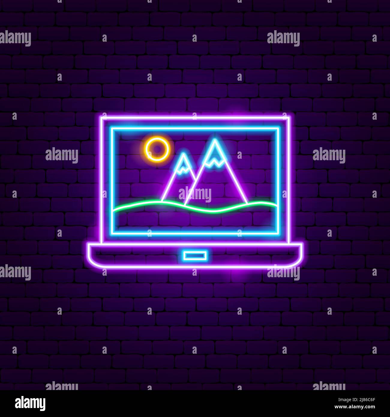 Cartello Neon con immagini per notebook. Illustrazione vettoriale della promozione del paesaggio. Illustrazione Vettoriale