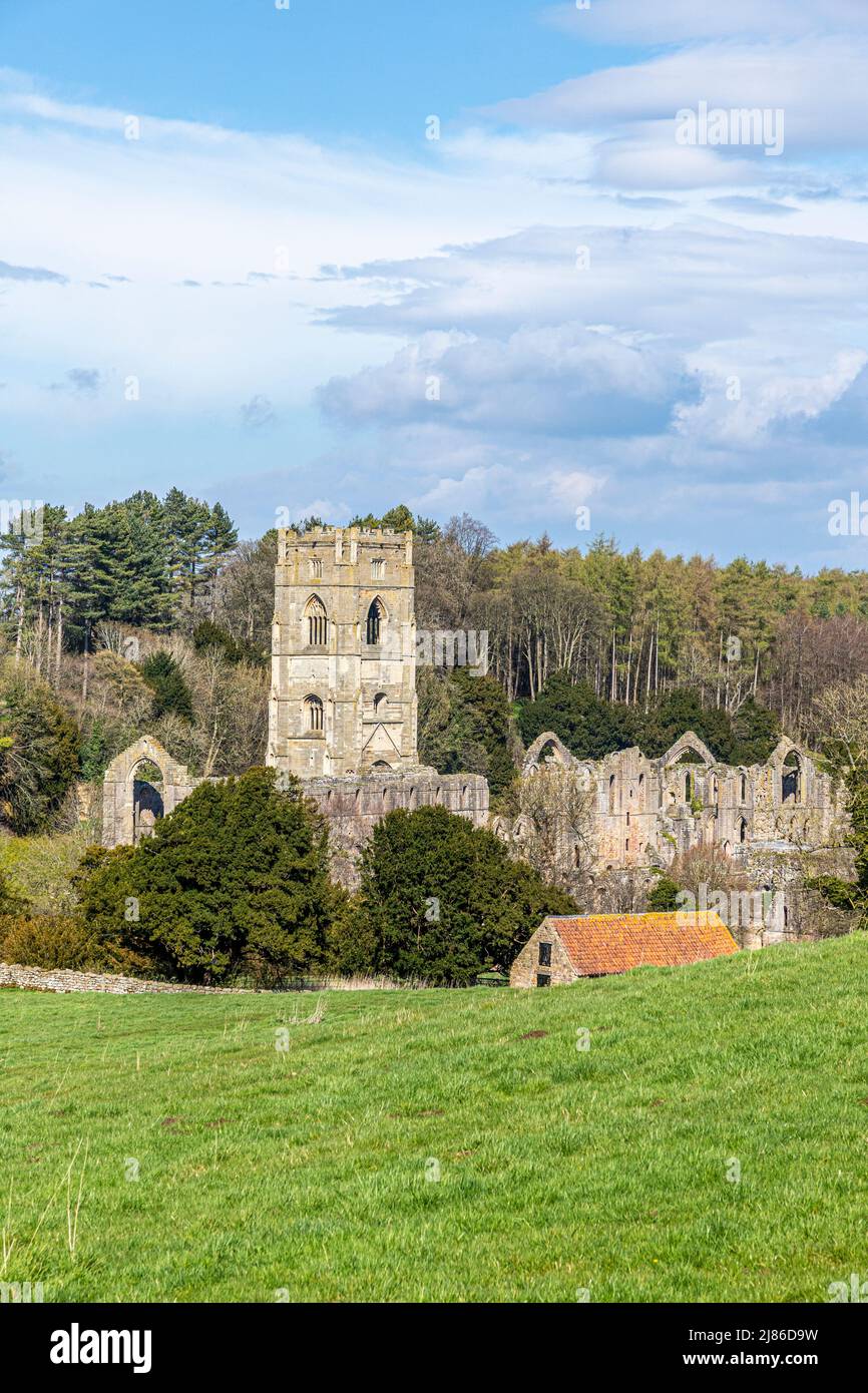 12th Century Fountains Abbey vicino Ripon, North Yorkshire, Inghilterra Regno Unito Foto Stock