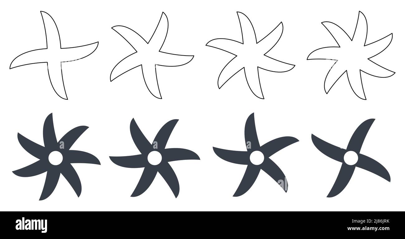 Stelle ninja semplici o lame rotanti affilate, versione riempita e contornata da cinque a sette punti Illustrazione Vettoriale