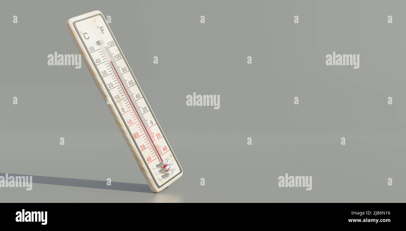 Alta temperatura, tempo caldo, pericolo di calore. Termometro con scala Fahrenheit a 100 gradi su sfondo grigio, spazio di copia. 3d rendering Foto Stock