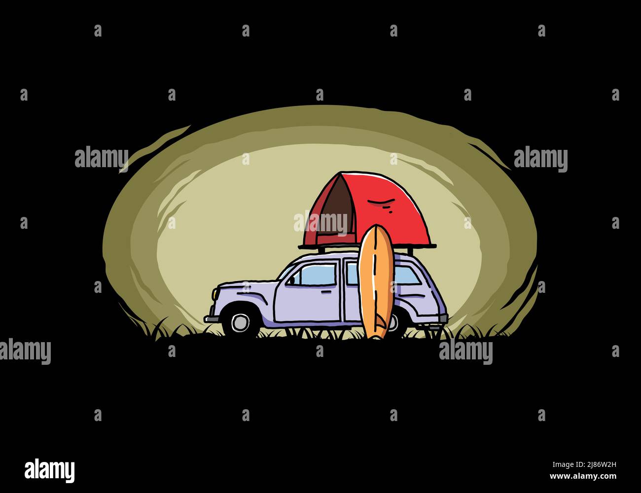 Illustrazione del disegno dell'automobile con una tenda del tetto e una tavola da surf sul lato Illustrazione Vettoriale