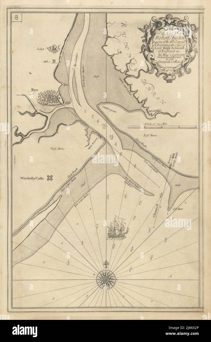 Rother Estuary, Rye e Winchelsea. Mappa del mare di Capt. Greenvile. MAPPA COLLINS 1723 Foto Stock