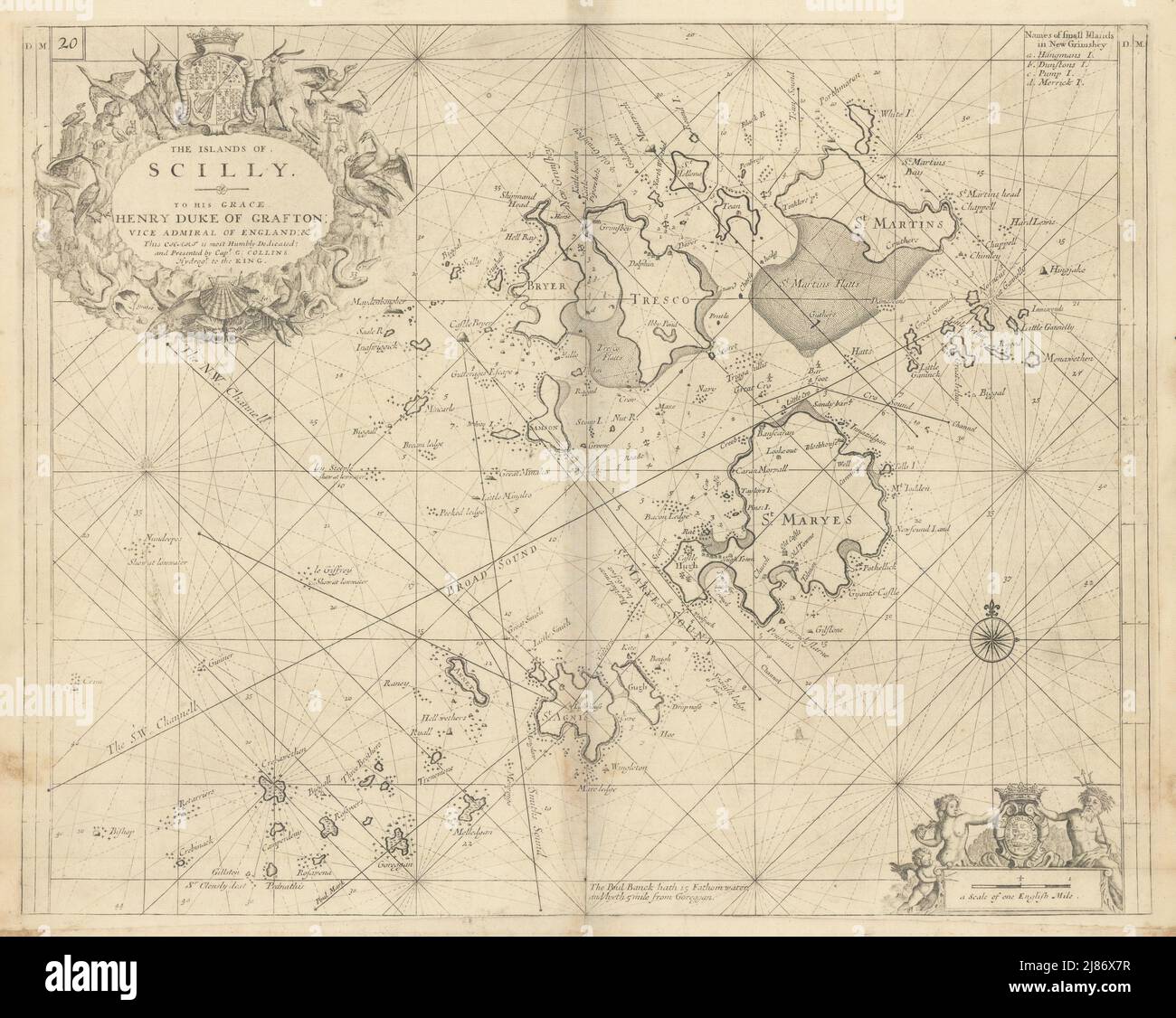 Le Isole DI SCILLY mappa del mare del Capitano Greenvile. COLLINS 1723 vecchia mappa Foto Stock