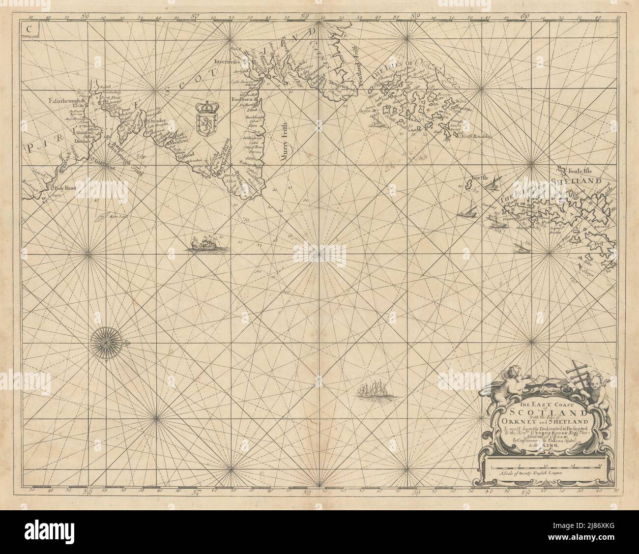 Costa orientale della Scozia, con le isole di Orkney e Shetland. MAPPA COLLINS 1723 Foto Stock