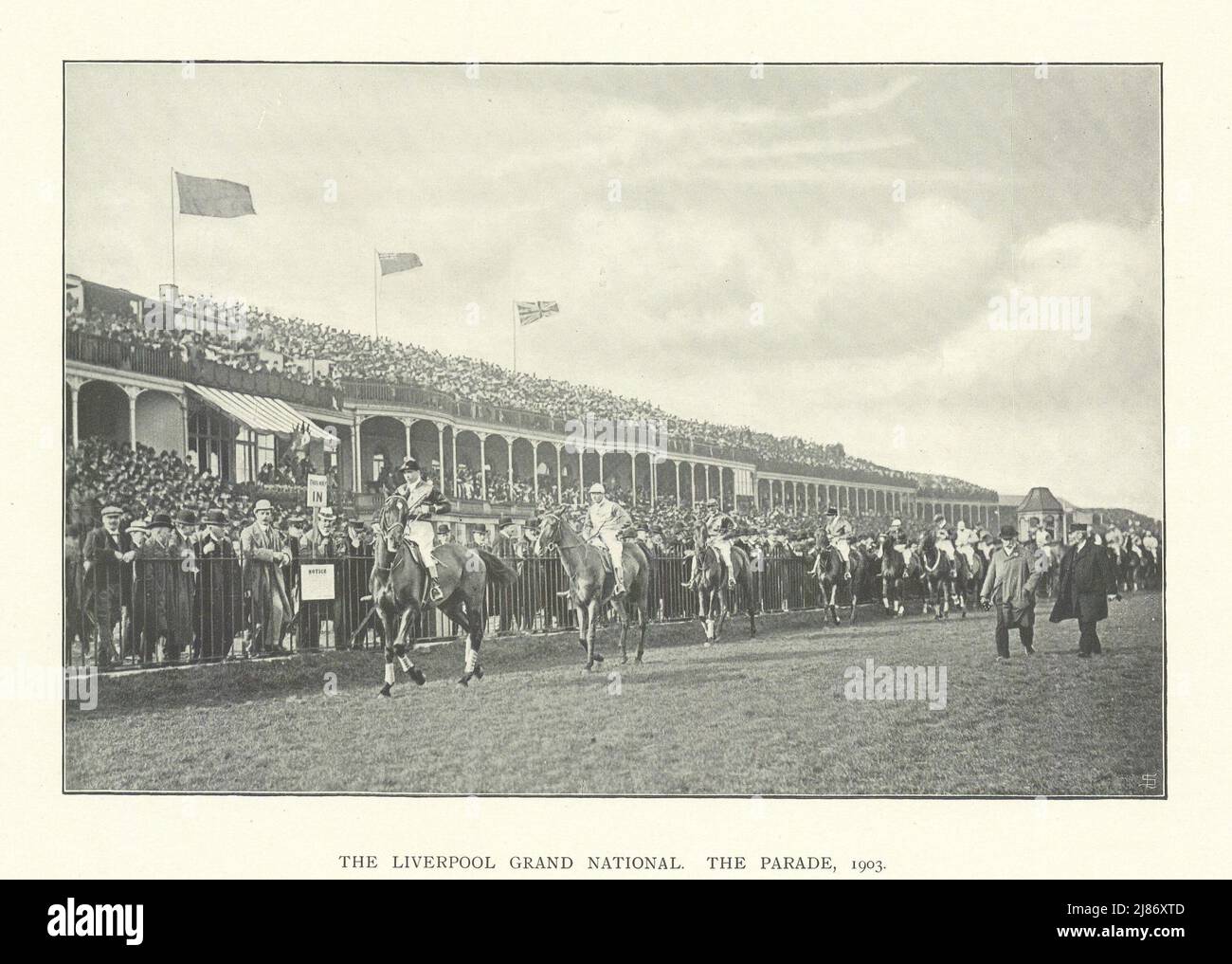 Il Liverpool Grand National. La sfilata. Aintree. Corse di cavalli 1903 vecchia stampa Foto Stock