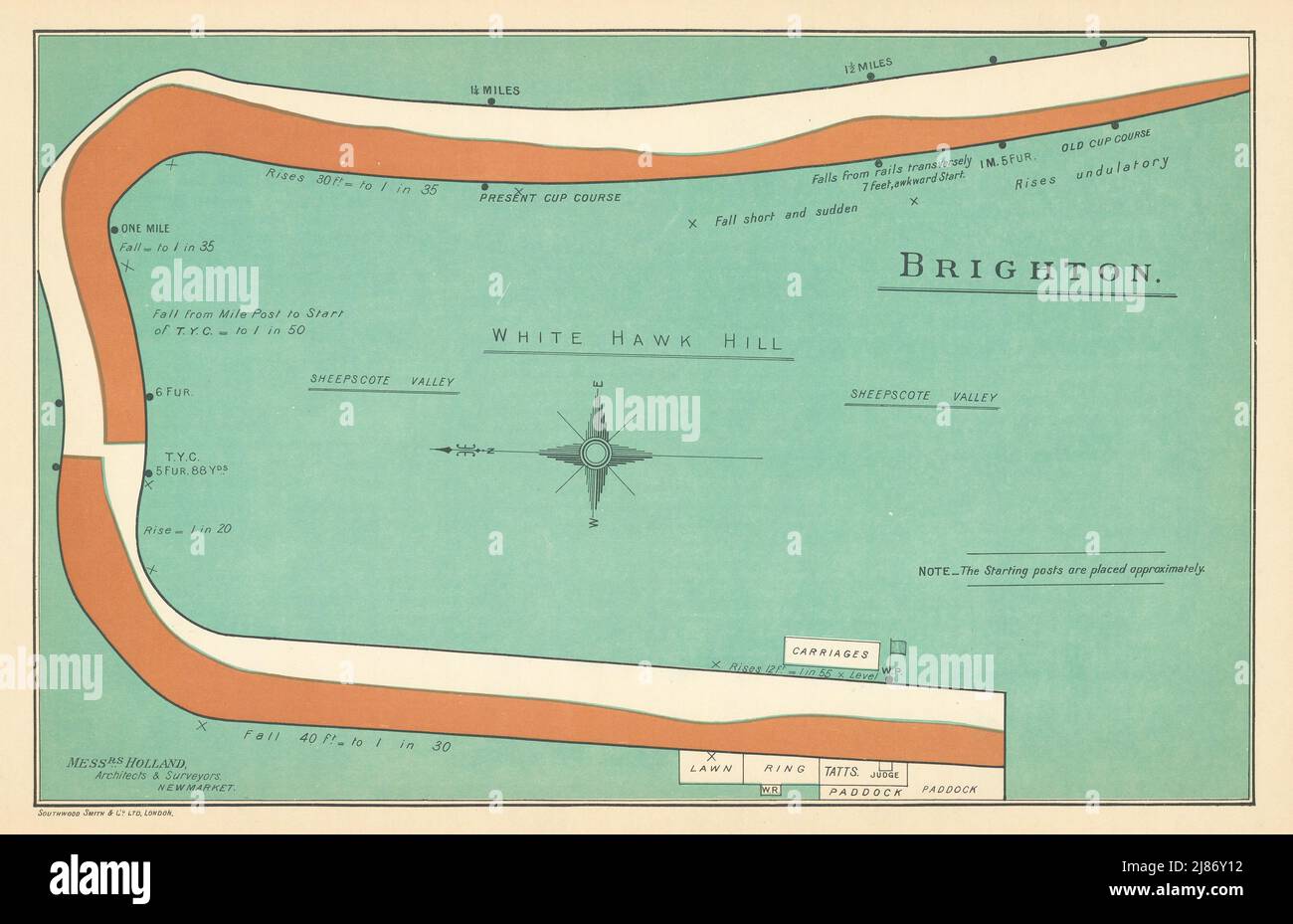 Brighton - white Hawk Hill racecourse, Sussex. BAYLES 1903 vecchia mappa antica Foto Stock