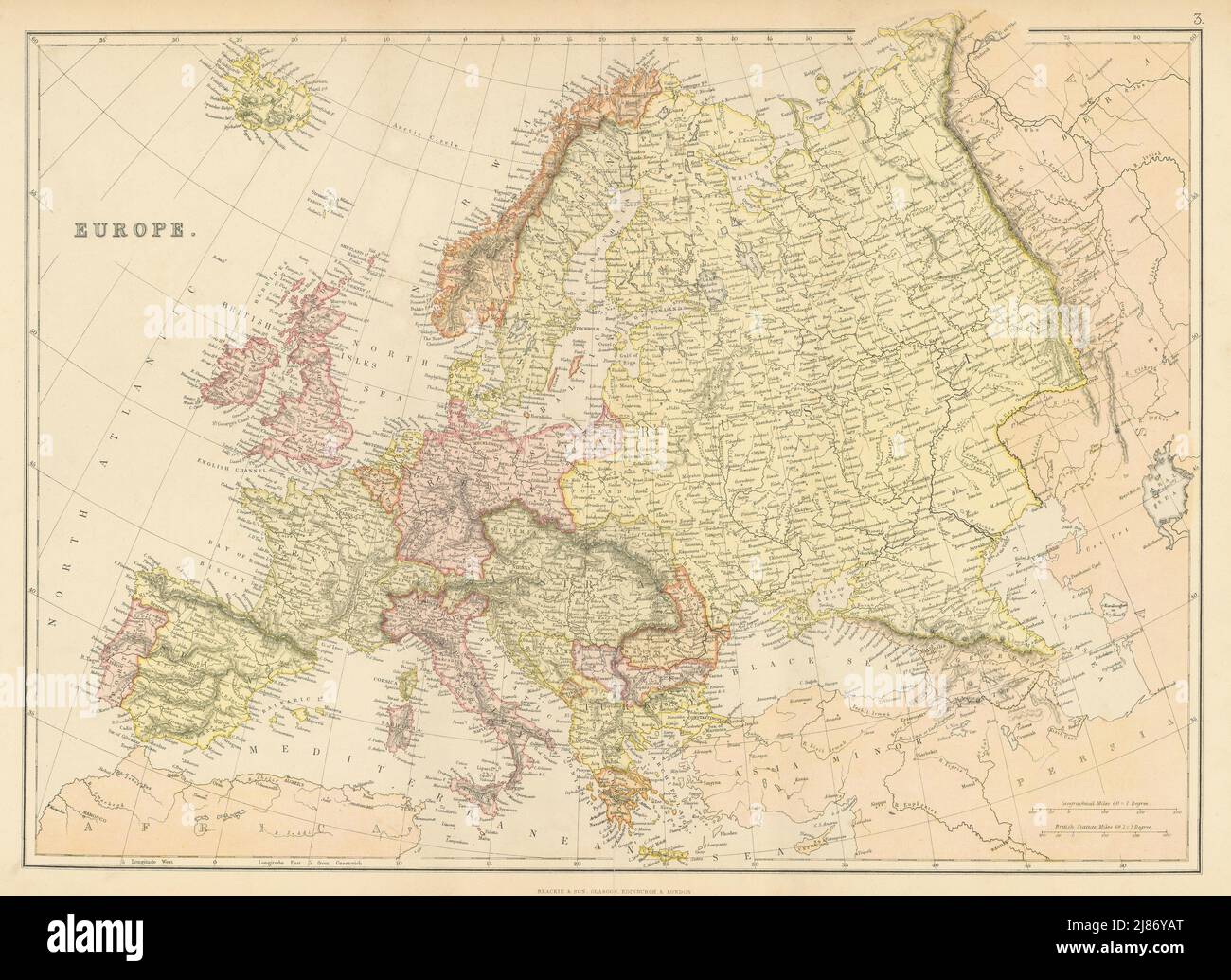 EUROPA POLITICA. La Russia esclude la Georgia. BLACKIE 1886 vecchia mappa antica Foto Stock