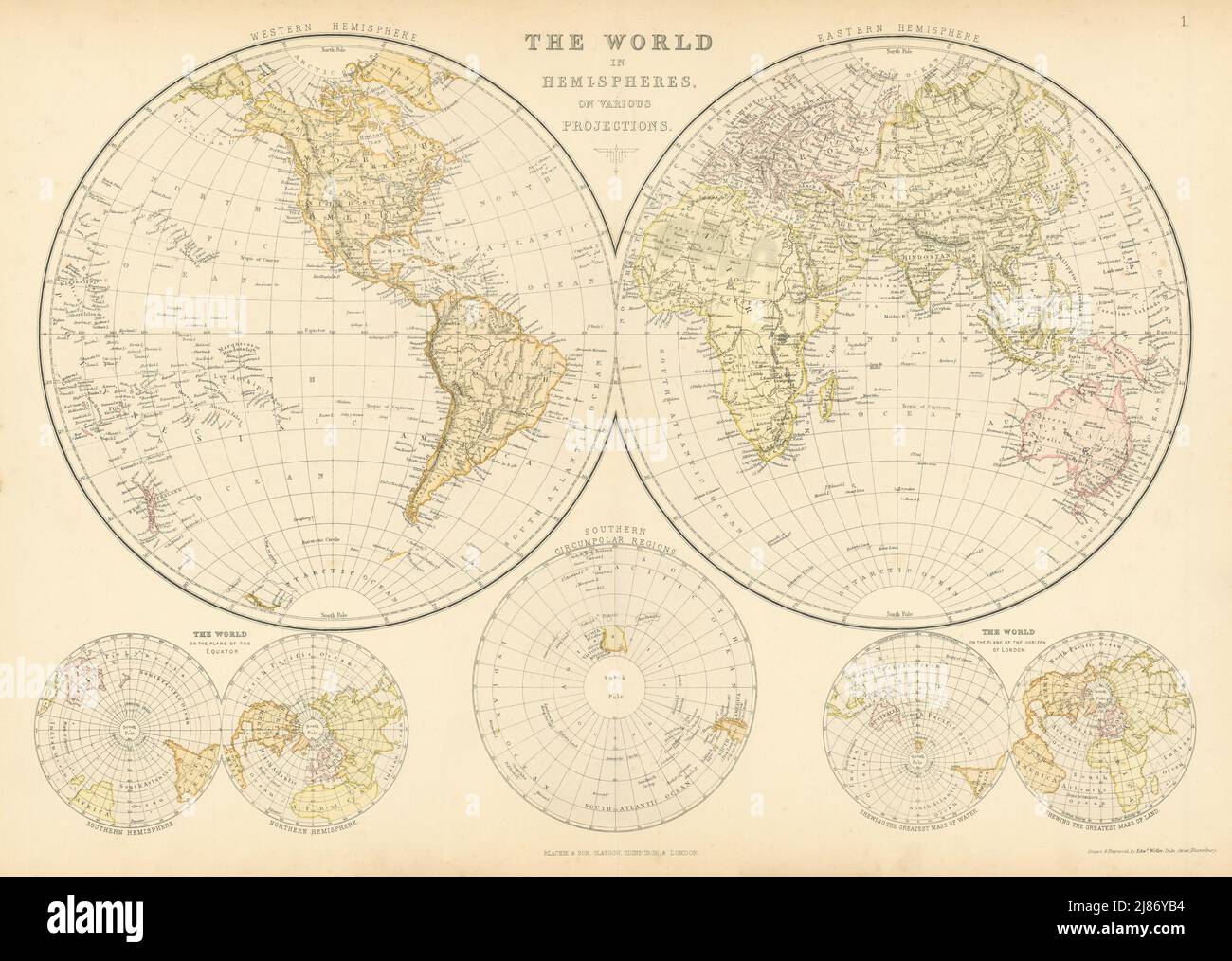 MONDO IN EMISFERI. Aerei di Londra dell'Antartide Equatoriale. BLACKIE 1886 vecchia mappa Foto Stock