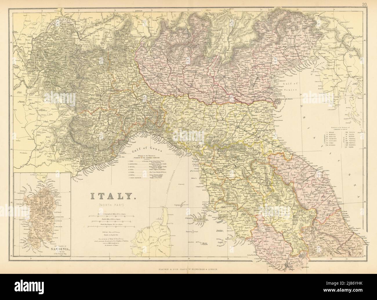 ITALIA NORD. Mostra Province e ferrovie. BLACKIE 1886 vecchia mappa antica Foto Stock